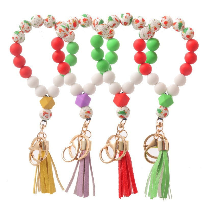 Wholesale Christmas Silicone Beaded Tassel Wrist Keychain